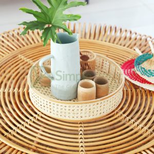 handwoven round rattan serving tray 