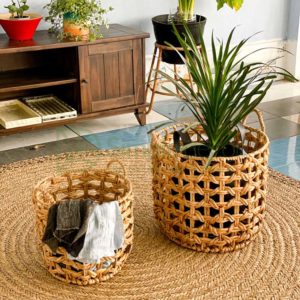 Water Hyacinth Thin Woven Storage Basket With Rope Straps Wholesale