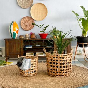 Water Hyacinth Thin Woven Storage Basket With Rope Straps Wholesale