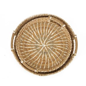 handwoven rattan wicker serving tray with handles