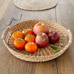 handwoven rattan wicker serving tray with handles